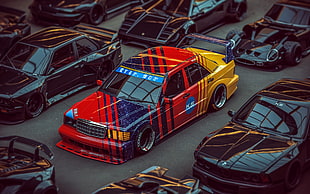red, blue, and yellow Mercedes-Benz sedan die-cast model, 3D, render, car, Khyzyl Saleem