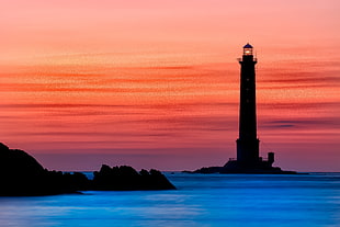 concrete lighthouse, Cap de la Hague, Lighthouse, Sunset
