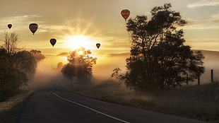 silhouette photo of hot air balloons with fog during golden hour