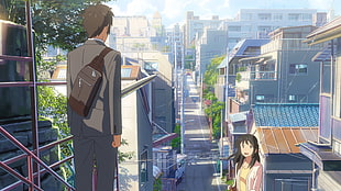 man facing woman near houses during daytime anime movie still
