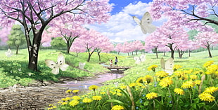 anime, landscape, butterfly