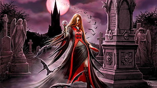 female character wearing red and black dress wallpaper, vampires, fantasy art, artwork