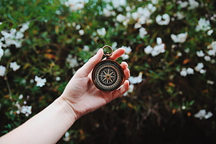 person holding brown framed compass