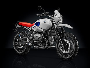 white BMW standard backbone motorcycle