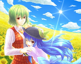 green haired female character hugging blue haired girl character digital wallpaper HD wallpaper