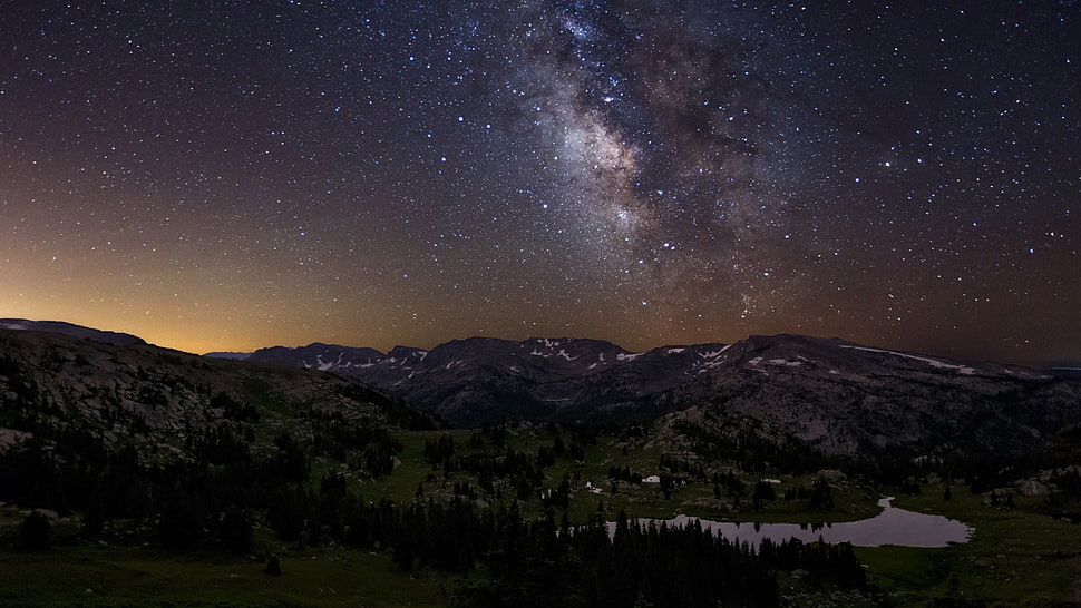 mountain near body of water, landscape, starry night, Milky Way, stars HD wallpaper