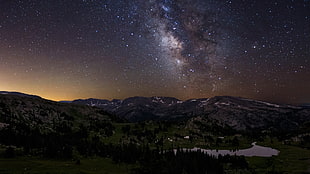 mountain near body of water, landscape, starry night, Milky Way, stars