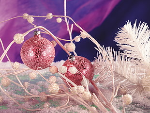 pink baubles with white Christmas tree