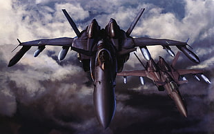 two black fighter jets, Macross, jet fighter, airplane, Macross Zero