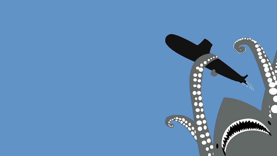 shark with tentacles catching submarine illustration HD wallpaper