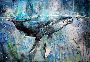 humpback whale painting, whale, artwork, watercolor, paint splatter HD wallpaper