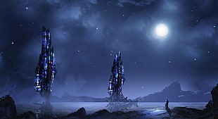two black tower castles wallpaper, futuristic, blue, night, landscape