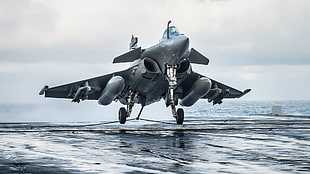grey fighter plane, aircraft carrier, Dassault Rafale, military