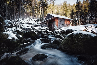 brown rocks, hut, nature, winter, water HD wallpaper
