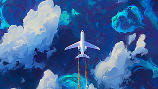 white plane with blue and white skies painting