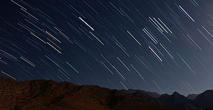 star trails illustration, night, shooting stars, mountains, landscape