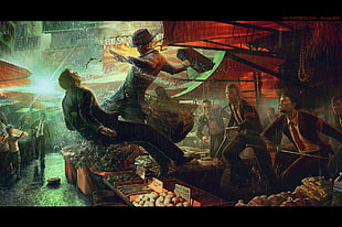 painting of men in market, Shadowrun, cyberpunk