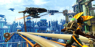 yellow and brown character digital wallpaper, video games, screen shot, Ratchet & Clank, airships