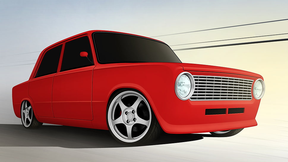 red sedan illustration, digital art, car, Hacı Murat, vehicle HD wallpaper