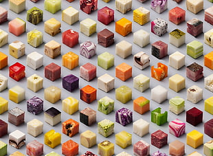 assorted-color cub lot, cube, minimalism, melons, kiwi (fruit)