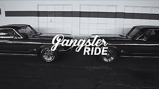 two black Ford Mustang Gangster Ride text overlay, car, tuning, lowrider, Ford Mustang
