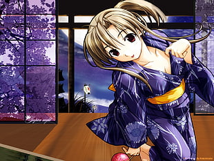 photo of female anime character in blue and yellow kimono