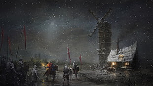 soldiers across windmill painting, windmill