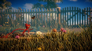 red cartoon character chasing brown butterfly