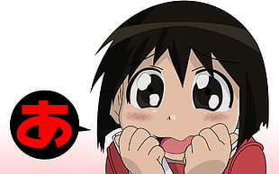 female anime character with short black hair and white and red shirt