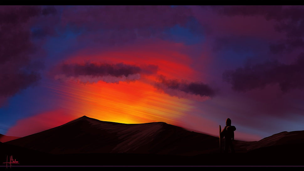 mountain silhouette artwork, artwork, illustration, sky, mountains HD wallpaper
