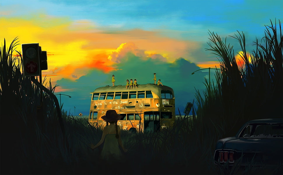 teal and brown bus illustration, manga HD wallpaper