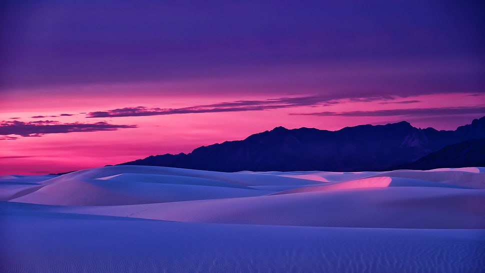 white desert field, sunset, mountains, sky, landscape HD wallpaper