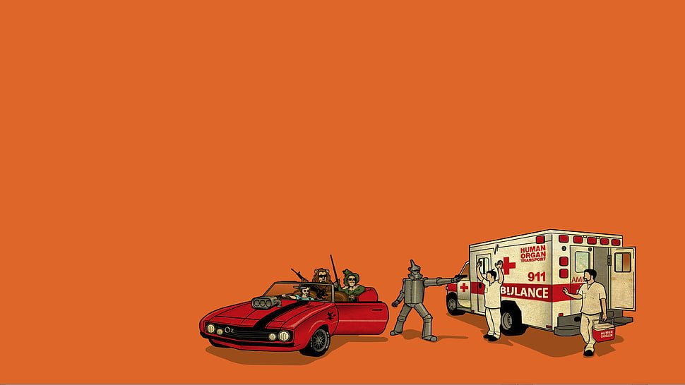 ambulance and red car digital wallpaper, threadless, simple, The Wizard of Oz, humor HD wallpaper