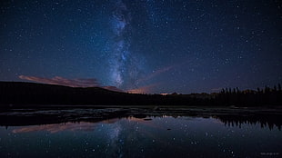 silhouette of mountain, Milky Way, stars, lake, space