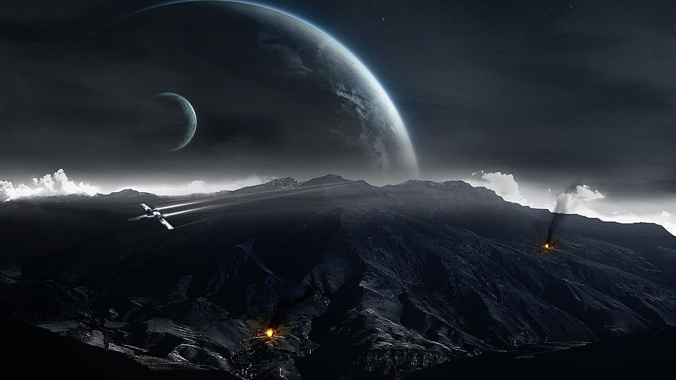 Star Wars, Moon, mountains, fire HD wallpaper