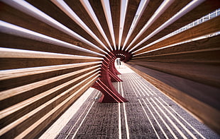 brown wooden arc, pattern, worm's eye view, bench HD wallpaper