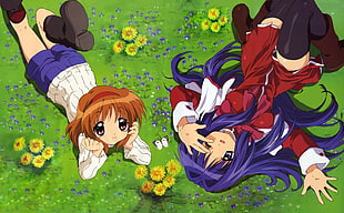two woman anime character on green grass