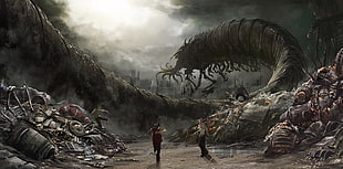 gray giant monster painting, artwork, fantasy art, cityscape, group of people HD wallpaper