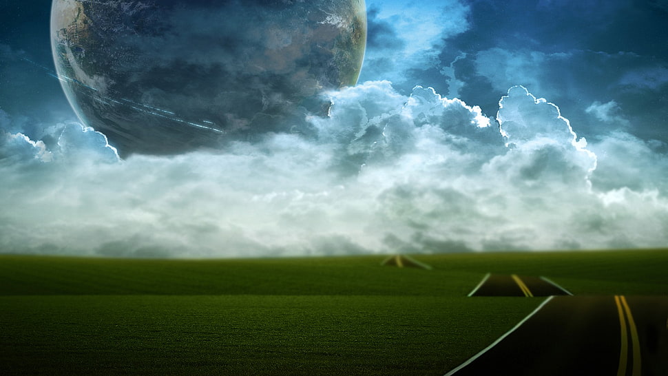 grassland wallpaper, clouds, space art, planet, road HD wallpaper