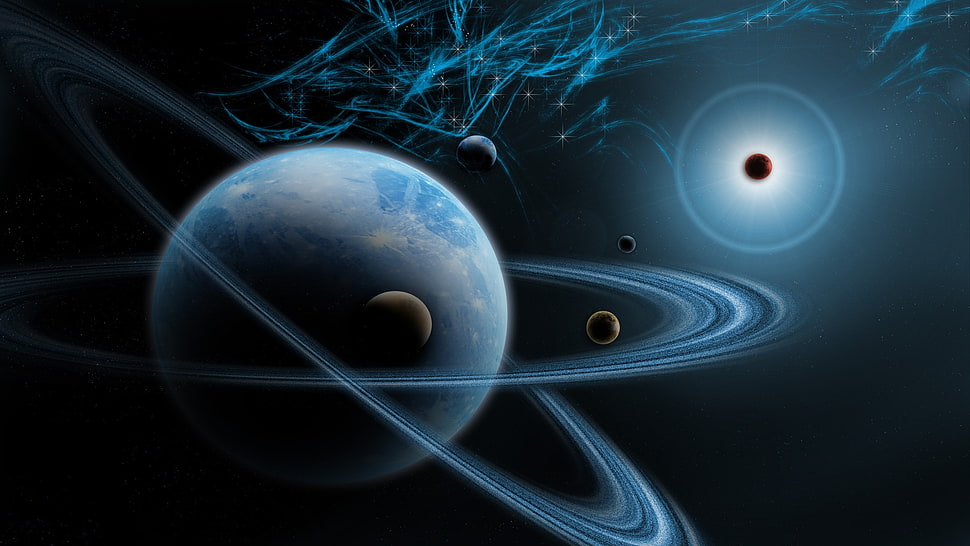 planets wallpaper, digital art, simple background, glowing, CGI HD wallpaper