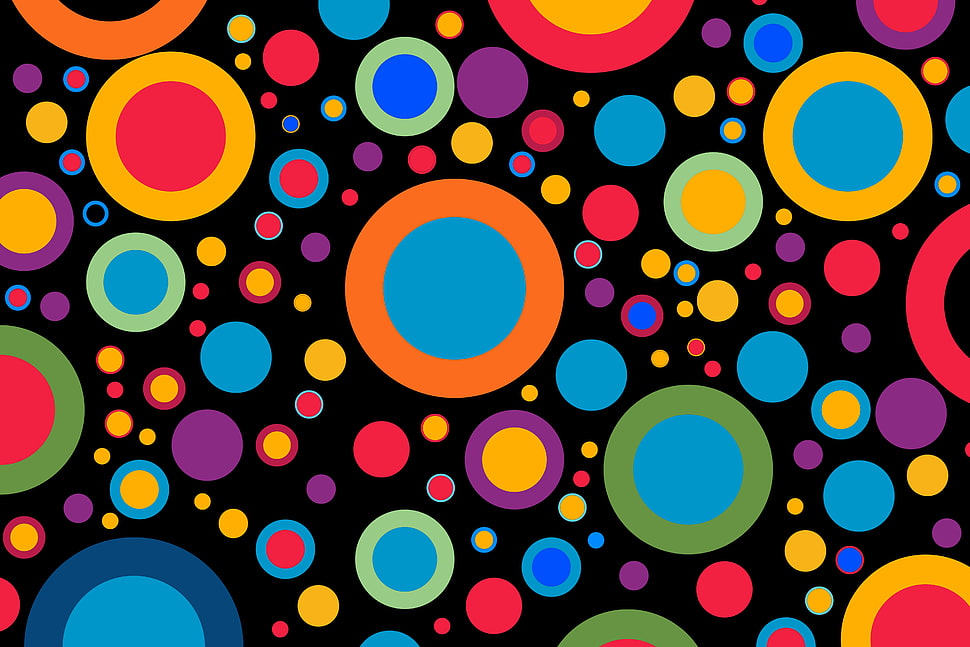 green, purple, yellow, and pink circular pattern HD wallpaper