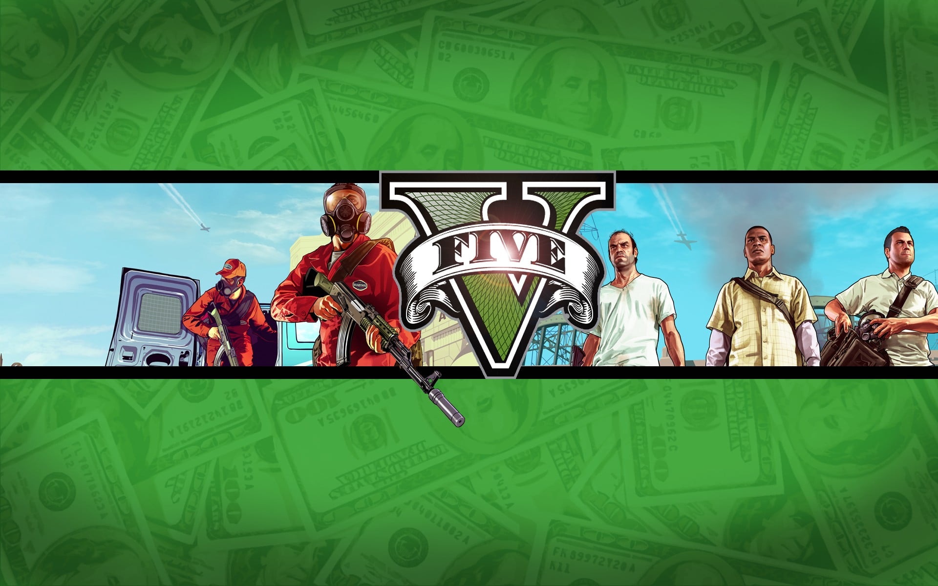Grand Theft Auto V game cover, Grand Theft Auto V, video games, green background