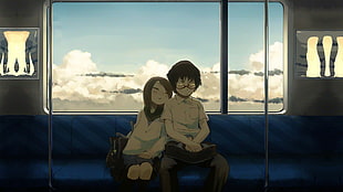 male and female anime characters riding a train