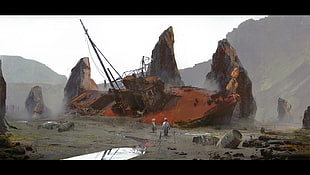 wrecked ship, wreck, boat, children, artwork