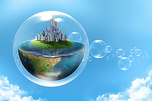 city on earth flown away in bubble illustration, digital art, bubbles, city, sky