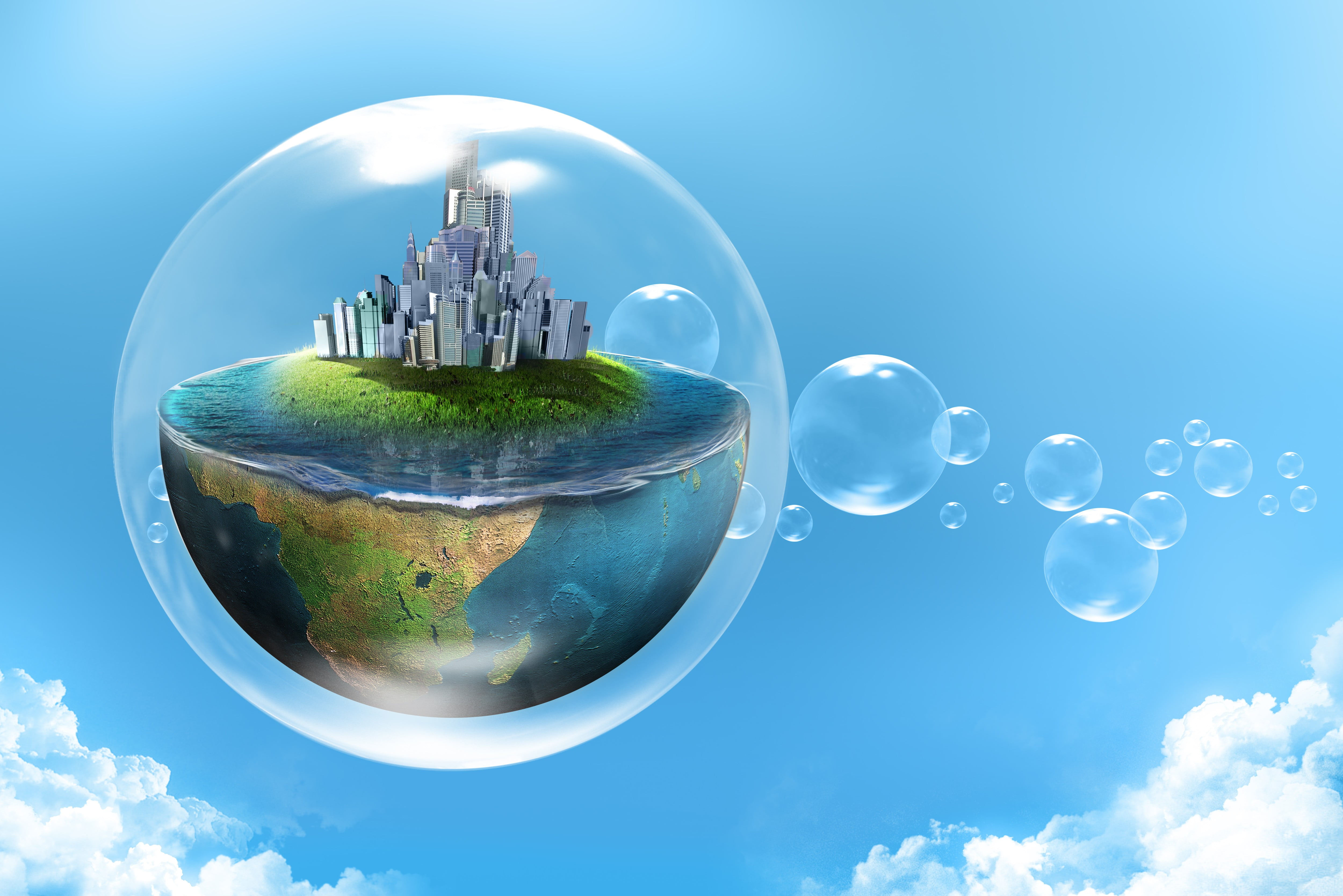 city on earth flown away in bubble illustration, digital art, bubbles, city, sky