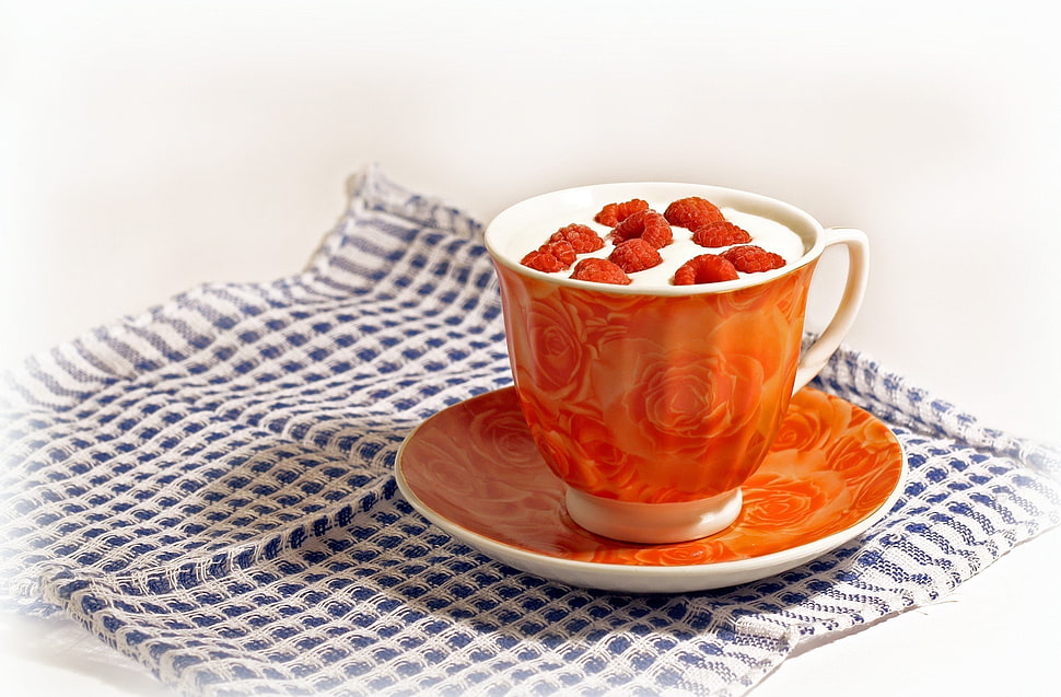 white and orange ceramic teacup and saucer HD wallpaper