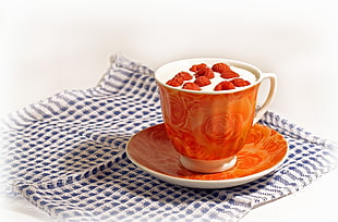 white and orange ceramic teacup and saucer HD wallpaper