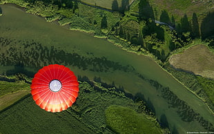 red hot air balloon, nature, landscape, hot air balloons, aerial view HD wallpaper