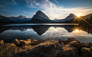 brown boulder, nature, landscape, Glacier National Park, lake